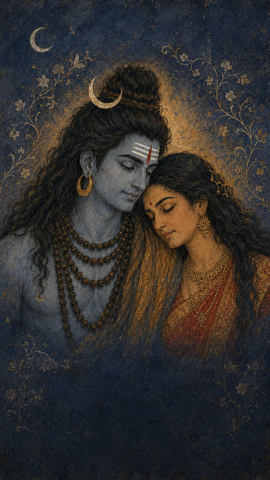 Shiva and Parvati resting their heads together, painted in moonlit blue and warm gold.